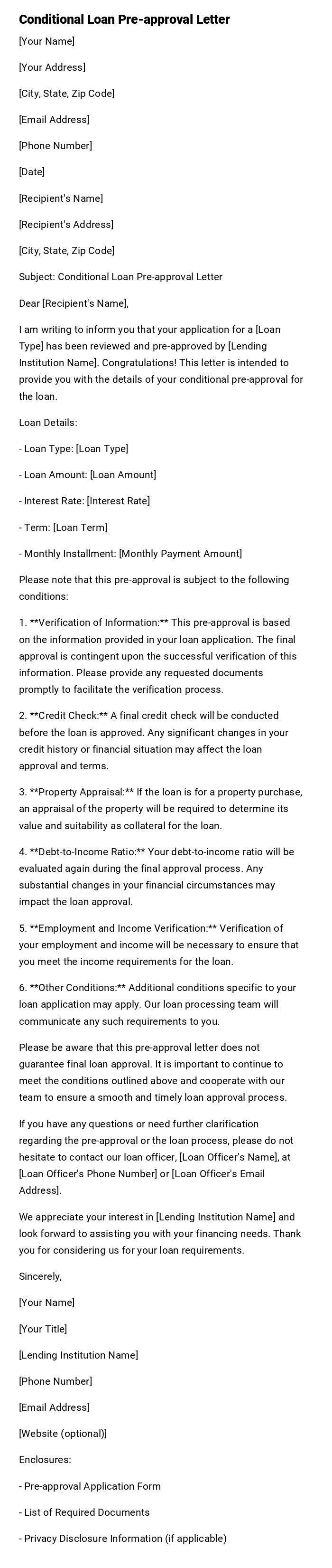 Conditional Loan Pre-approval Letter