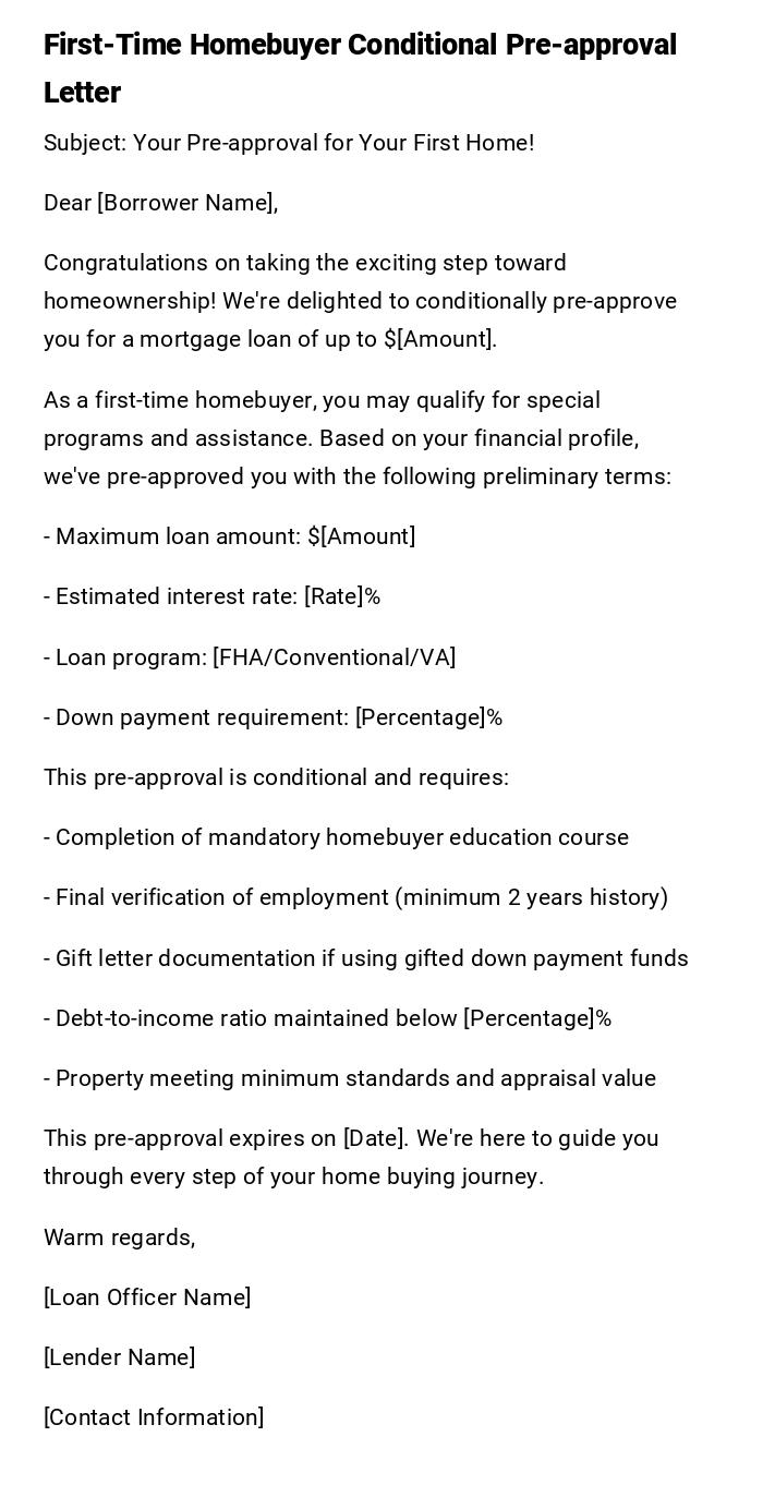 First-Time Homebuyer Conditional Pre-approval Letter First-Time Homebuyer Conditional Pre-approval Letter
