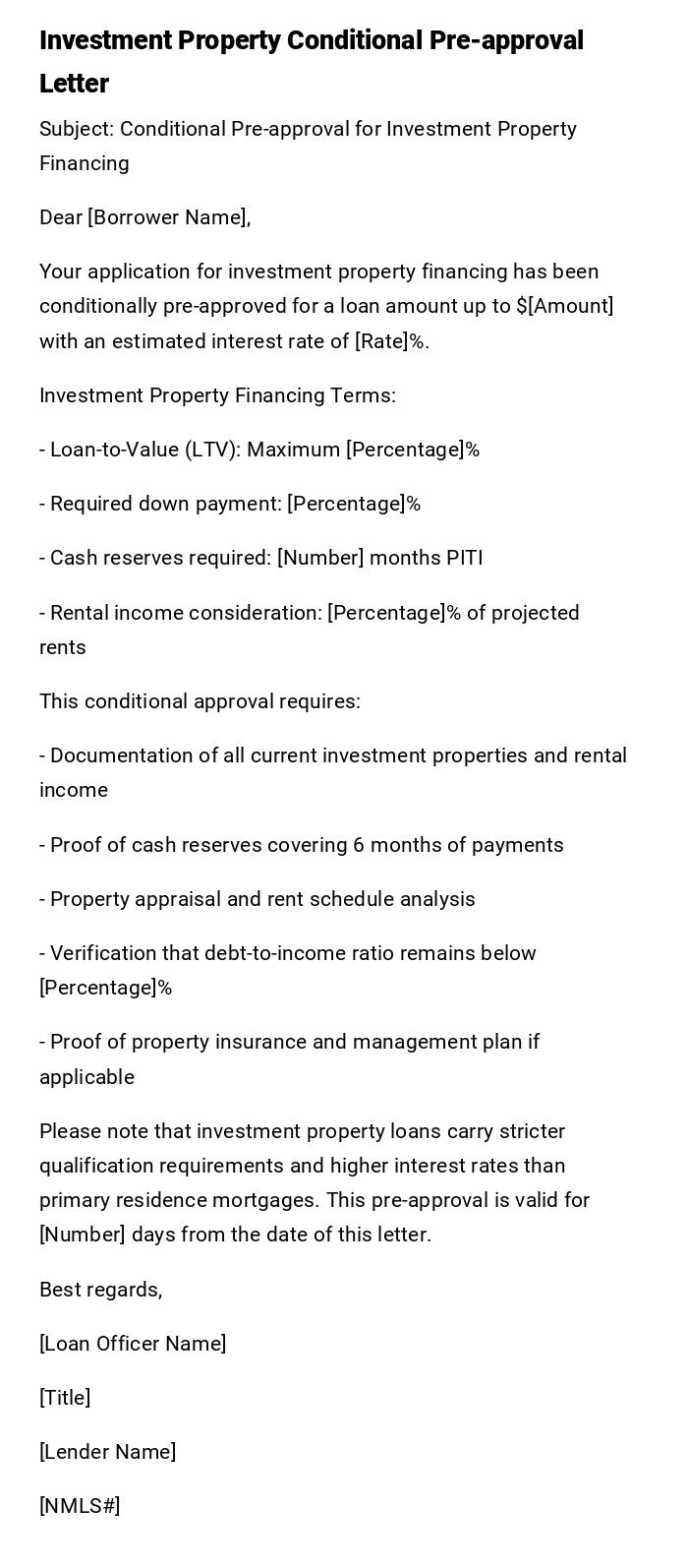 Investment Property Conditional Pre-approval Letter Investment Property Conditional Pre-approval Letter