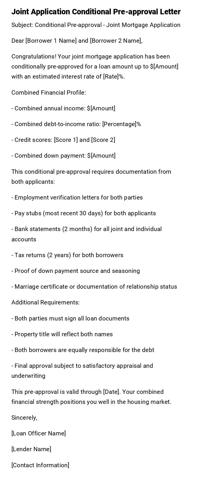 Joint Application Conditional Pre-approval Letter Joint Application Conditional Pre-approval Letter