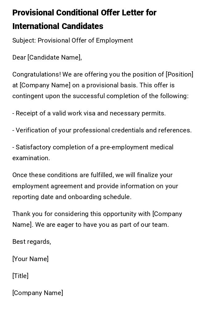 Provisional Conditional Offer Letter for International Candidates