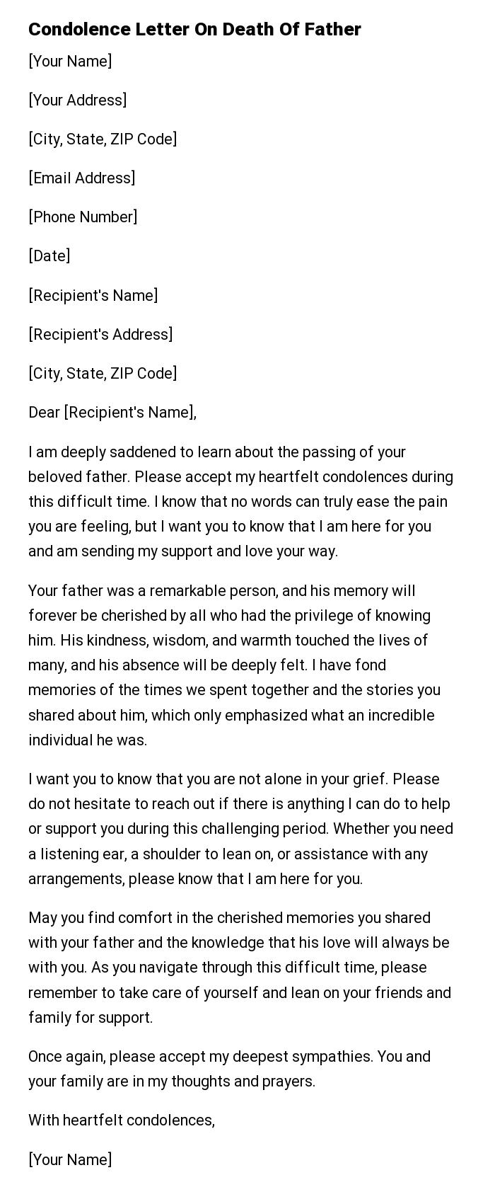 Condolence Letter On Death Of Father