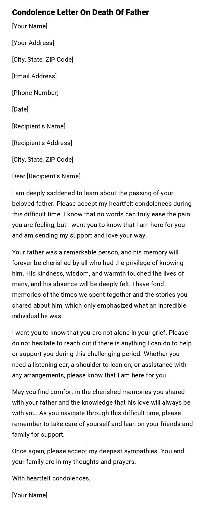 Condolence Letter On Death Of Father