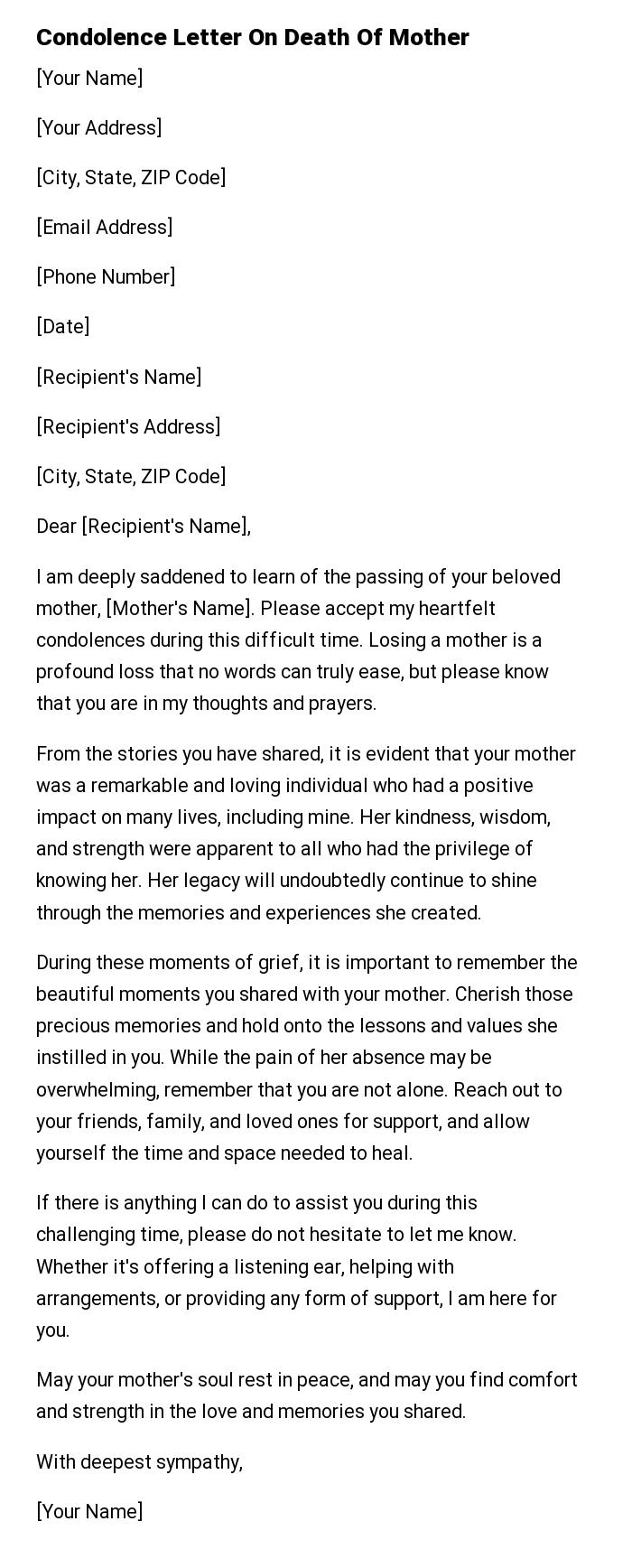 Condolence Letter On Death Of Mother