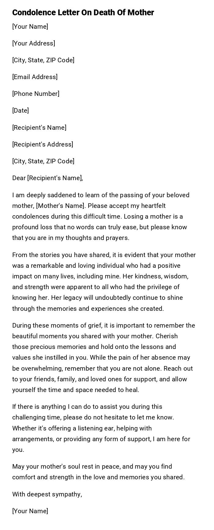 Condolence Letter On Death Of Mother