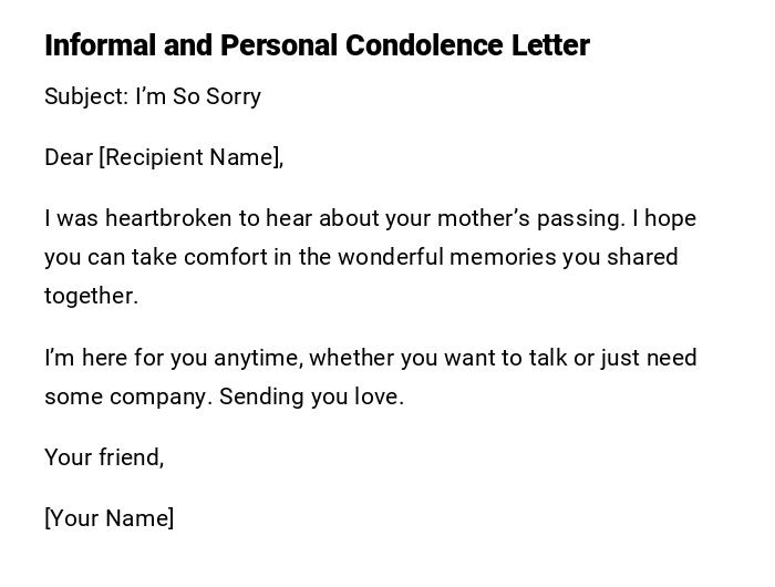 Informal and Personal Condolence Letter Informal and Personal Condolence Letter