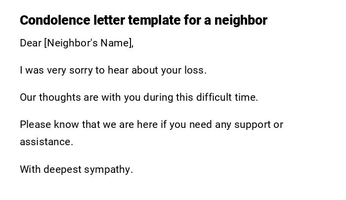 Condolence letter template for a neighbor
