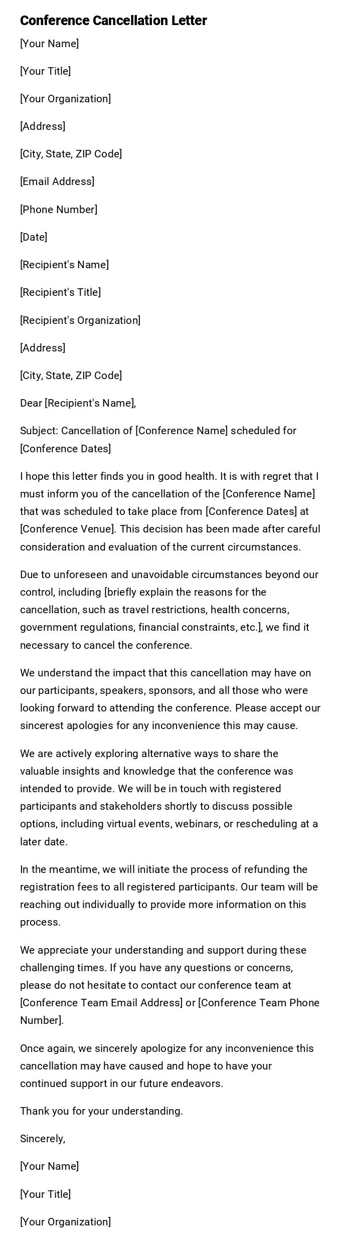 Conference Cancellation Letter Conference Cancellation Letter