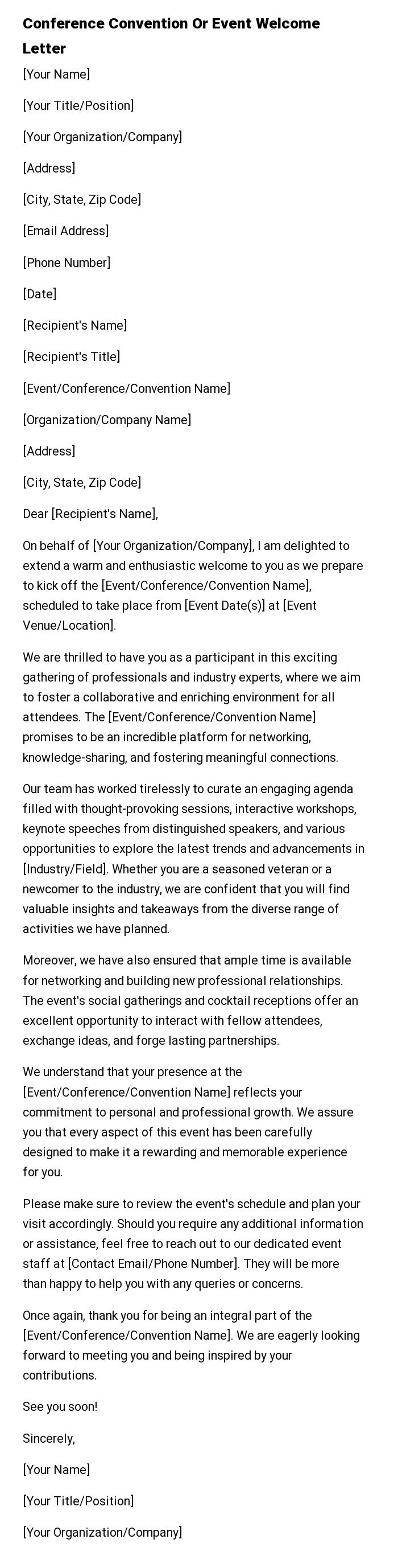 Conference Convention Or Event Welcome Letter