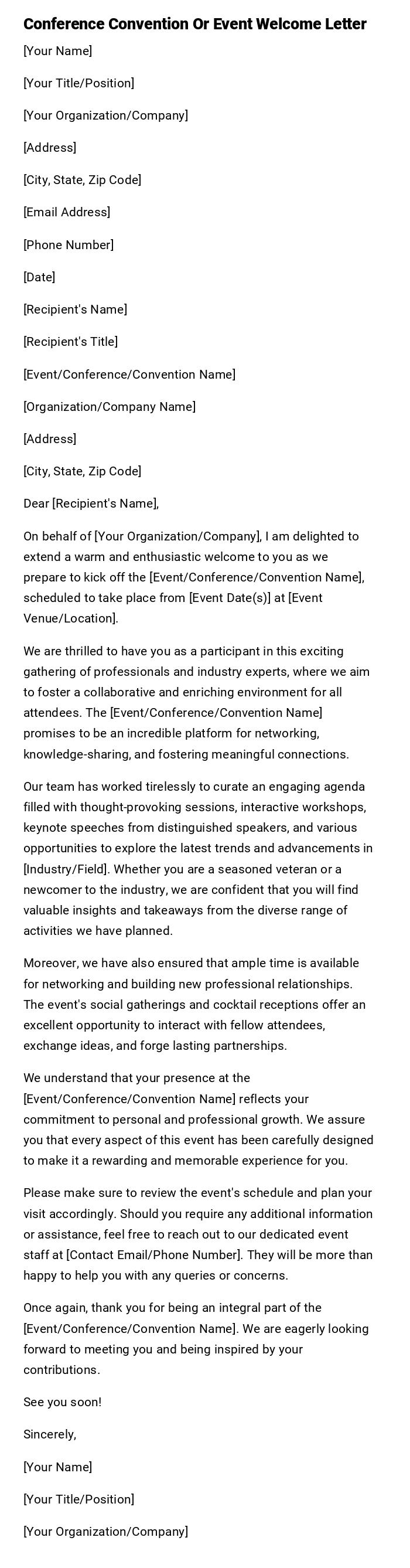 Conference Convention Or Event Welcome Letter Conference Convention Or Event Welcome Letter
