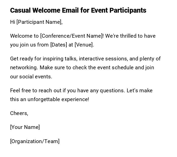 Casual Welcome Email for Event Participants