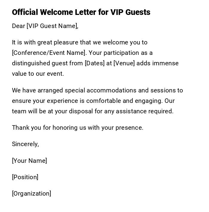 Official Welcome Letter for VIP Guests