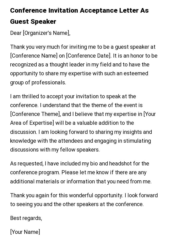 Conference Invitation Acceptance Letter As Guest Speaker