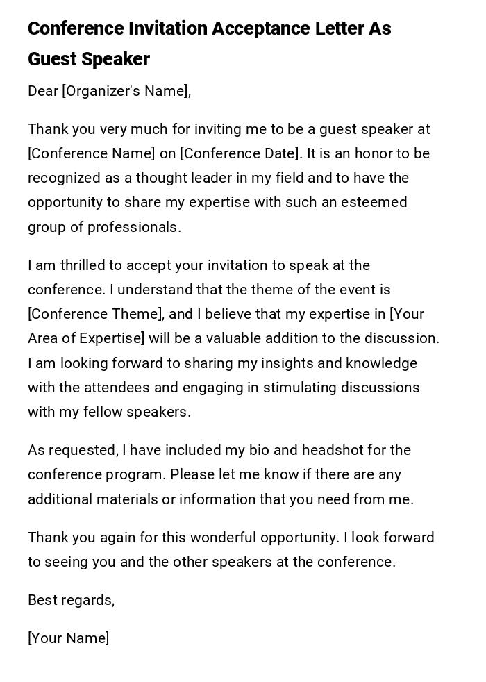 Conference Invitation Acceptance Letter As Guest Speaker