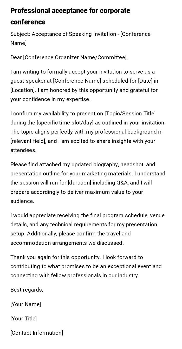 Professional acceptance for corporate conference Professional acceptance for corporate conference