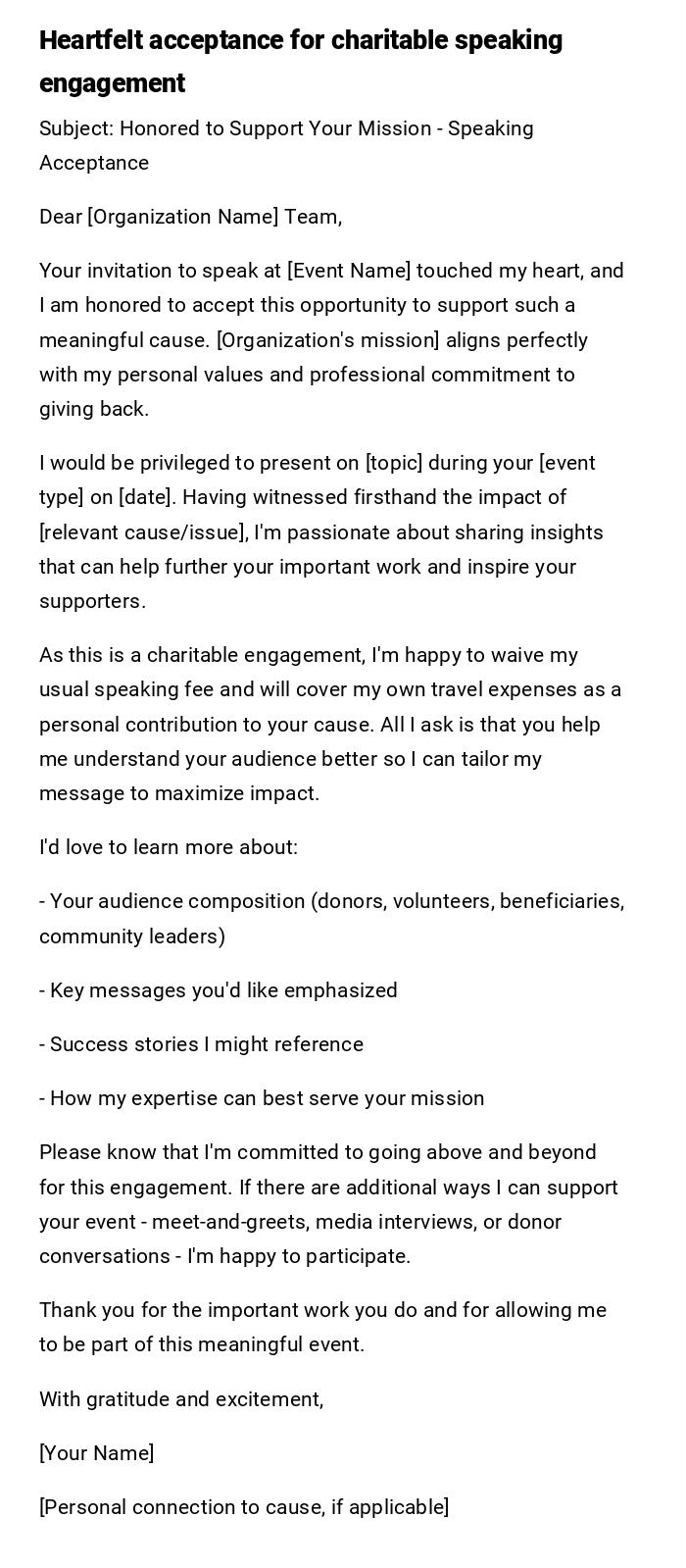 Heartfelt acceptance for charitable speaking engagement Heartfelt acceptance for charitable speaking engagement