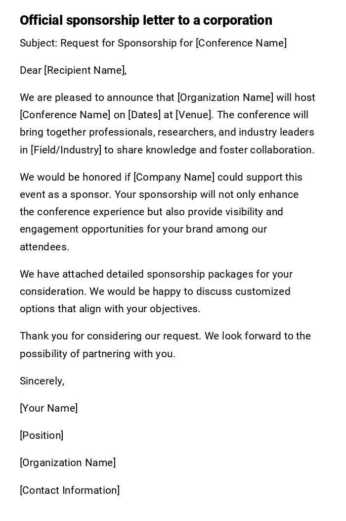 Official sponsorship letter to a corporation Official sponsorship letter to a corporation