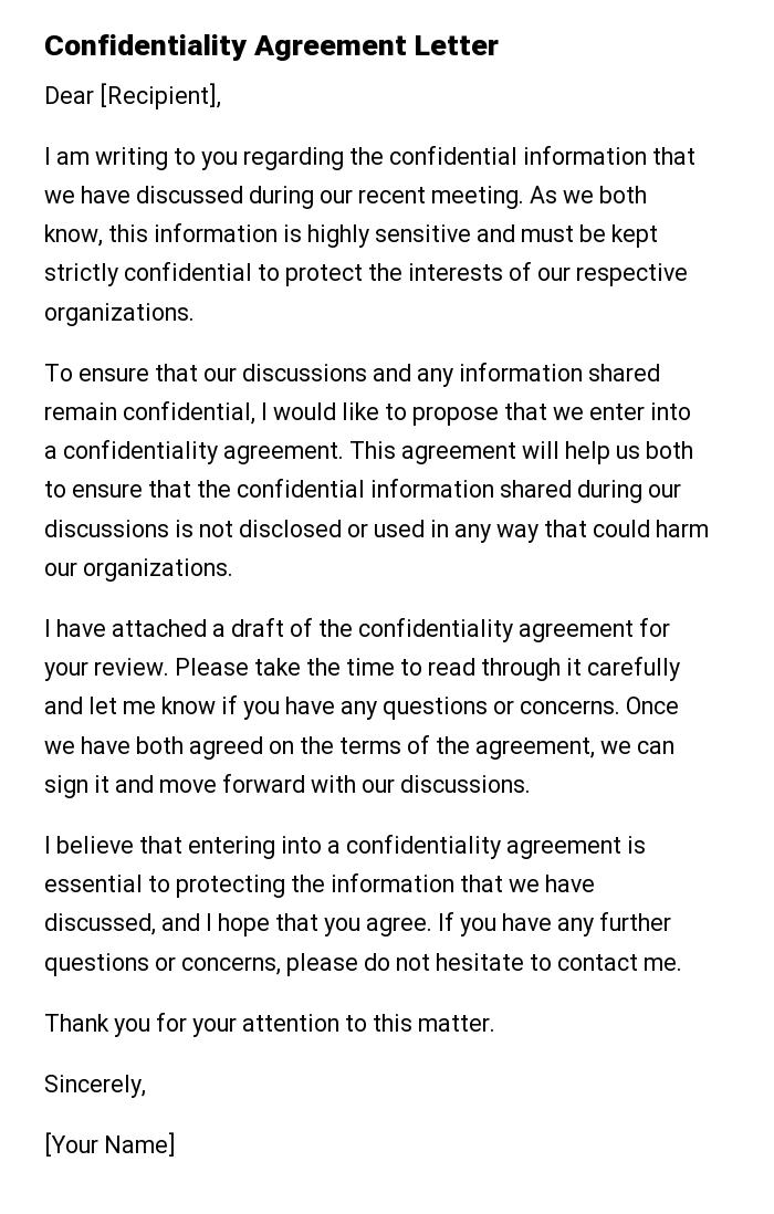 Confidentiality Agreement Letter