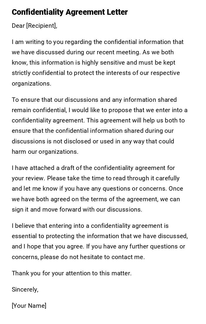 Confidentiality Agreement Letter