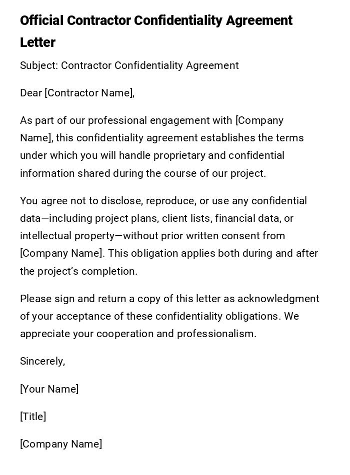 Official Contractor Confidentiality Agreement Letter Official Contractor Confidentiality Agreement Letter