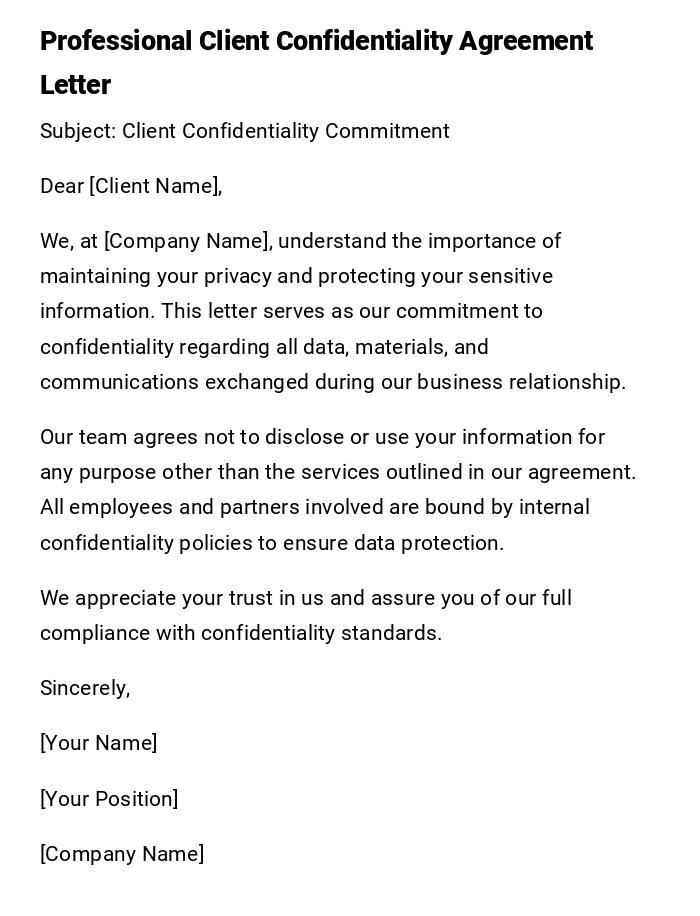 Professional Client Confidentiality Agreement Letter Professional Client Confidentiality Agreement Letter