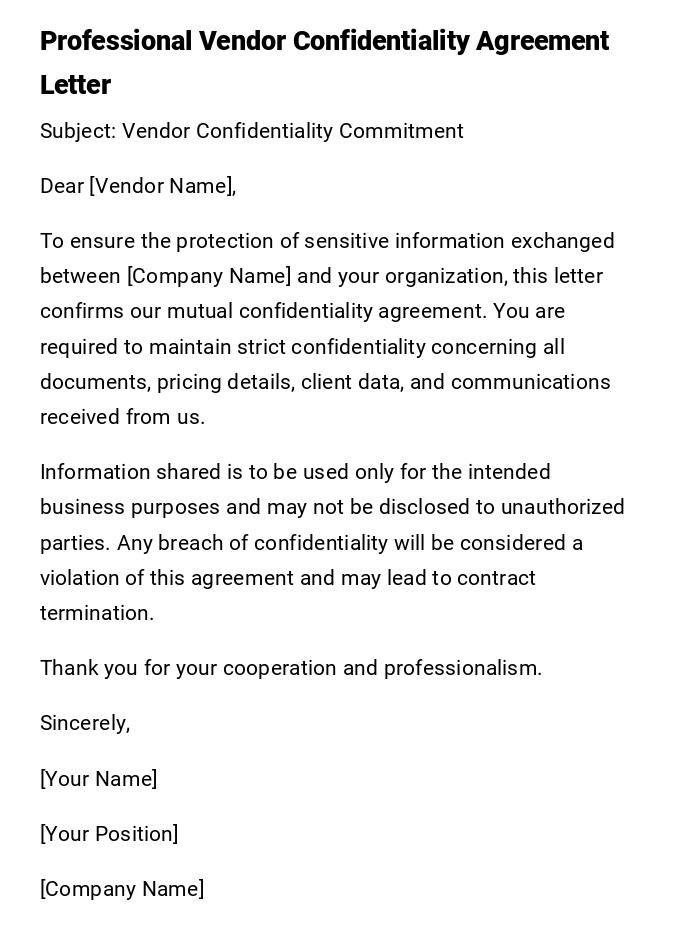 Professional Vendor Confidentiality Agreement Letter Professional Vendor Confidentiality Agreement Letter