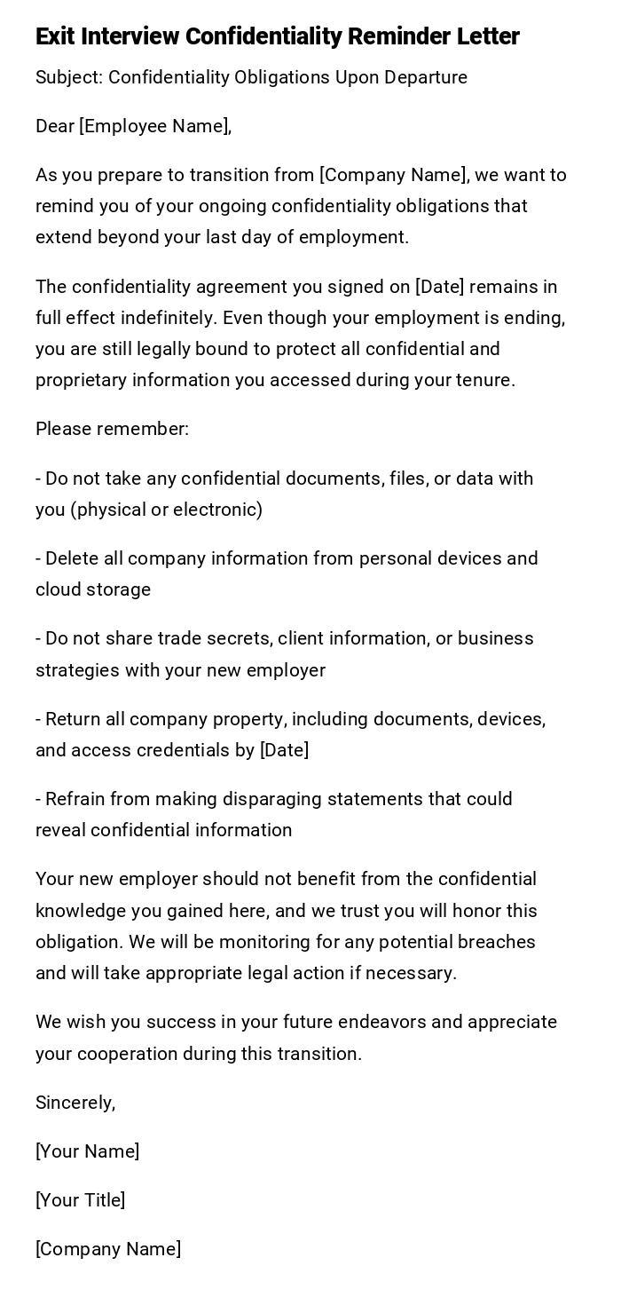 Exit Interview Confidentiality Reminder Letter Exit Interview Confidentiality Reminder Letter