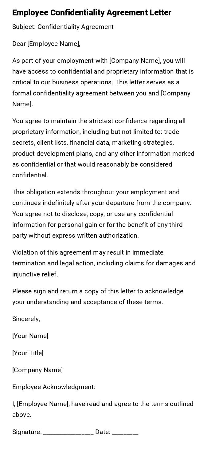 Employee Confidentiality Agreement Letter Employee Confidentiality Agreement Letter