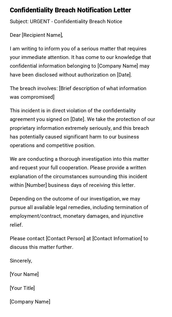 Confidentiality Breach Notification Letter Confidentiality Breach Notification Letter