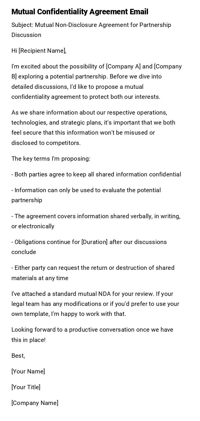 Mutual Confidentiality Agreement Email Mutual Confidentiality Agreement Email
