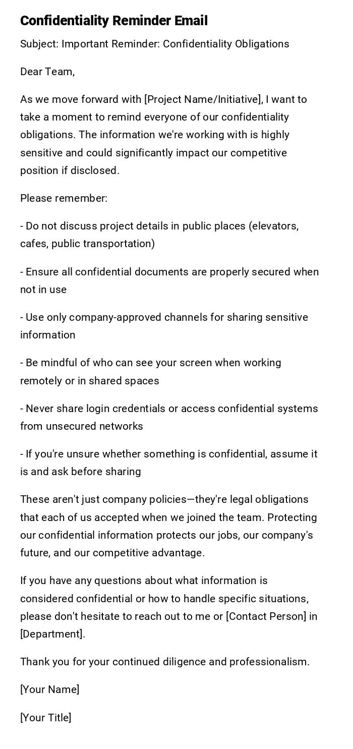Confidentiality Reminder Email Confidentiality Reminder Email