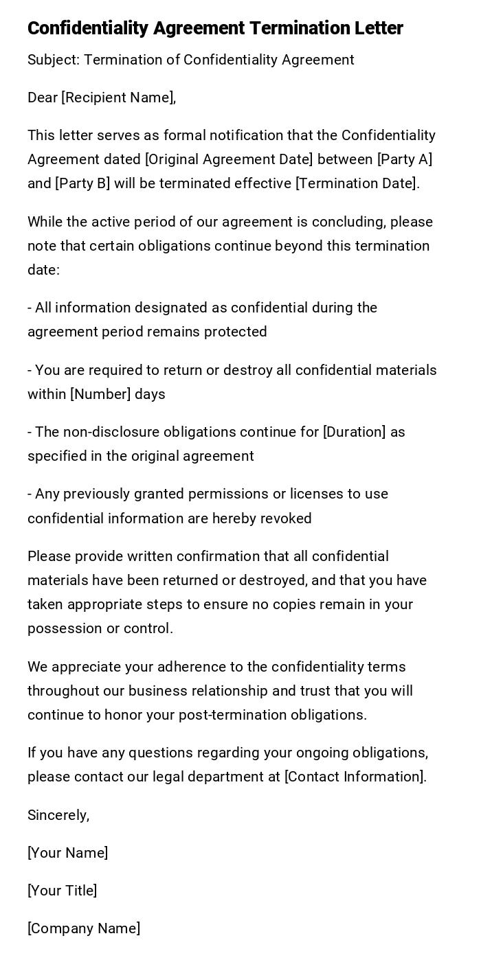 Confidentiality Agreement Termination Letter Confidentiality Agreement Termination Letter