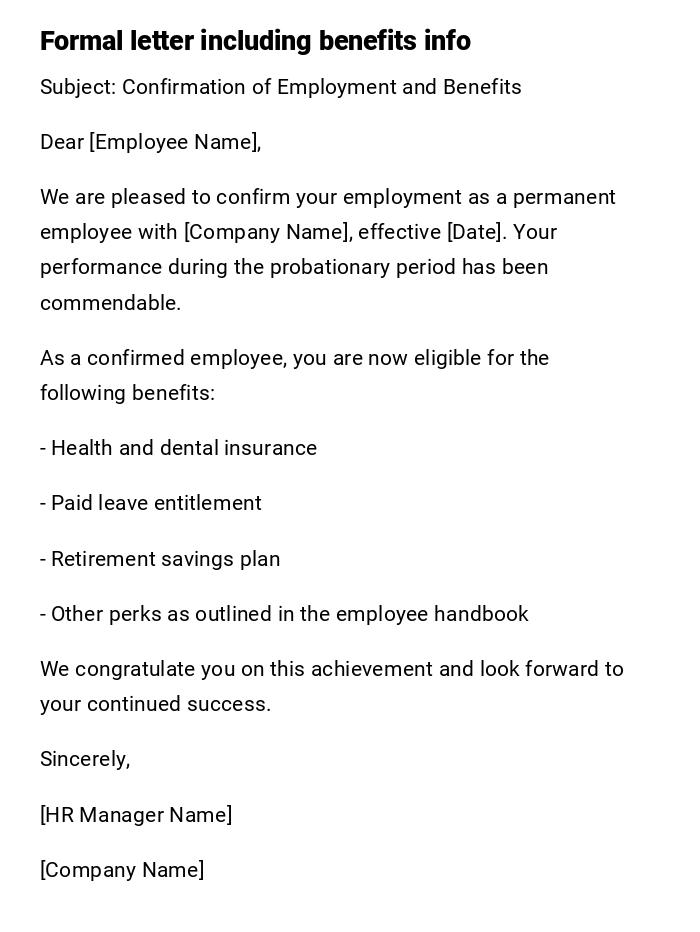 Formal letter including benefits info