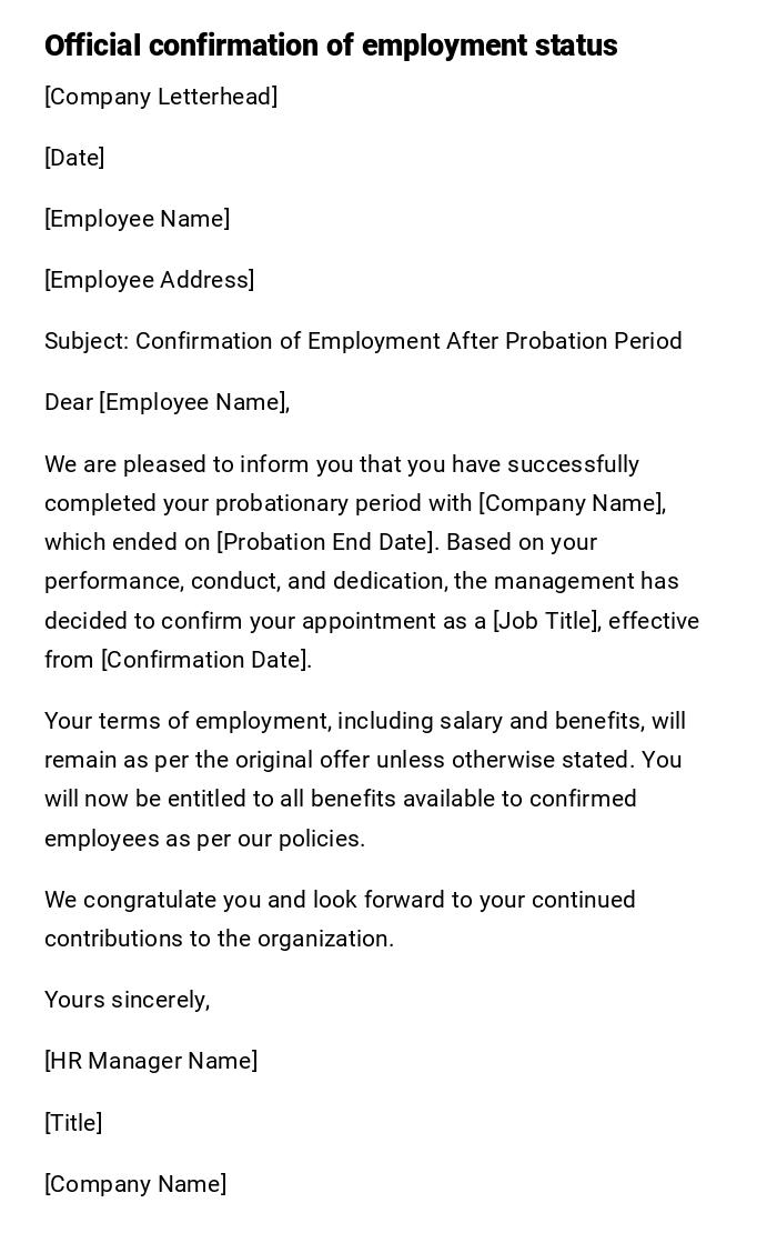Official confirmation of employment status