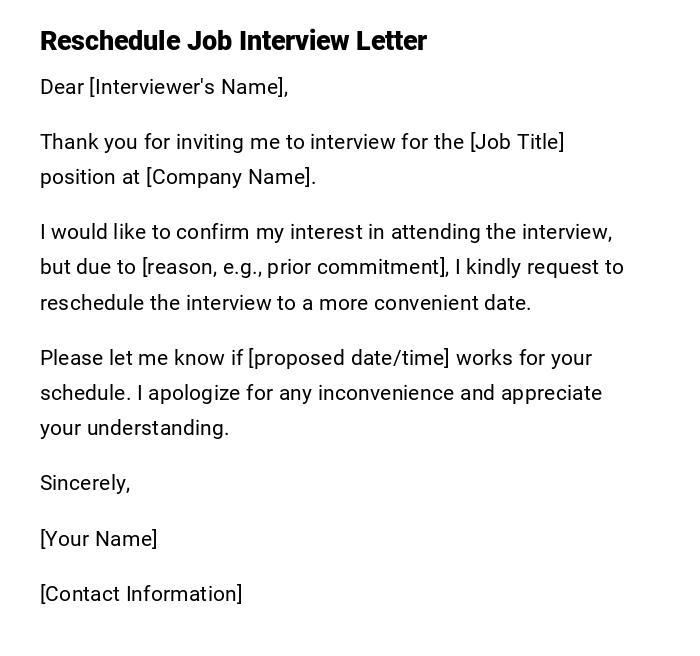 Reschedule Job Interview Letter Reschedule Job Interview Letter