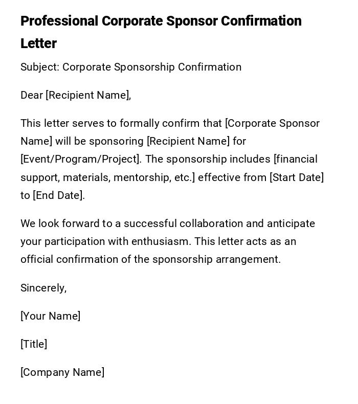 Professional Corporate Sponsor Confirmation Letter Professional Corporate Sponsor Confirmation Letter