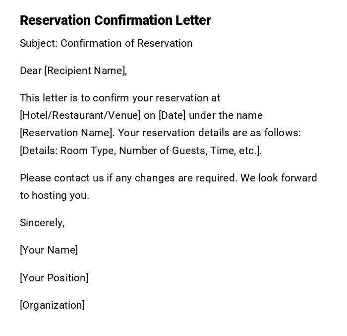 Reservation Confirmation Letter