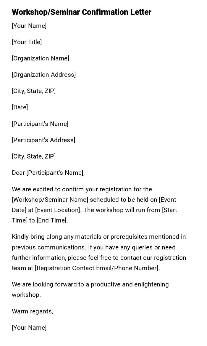 Workshop/Seminar Confirmation Letter