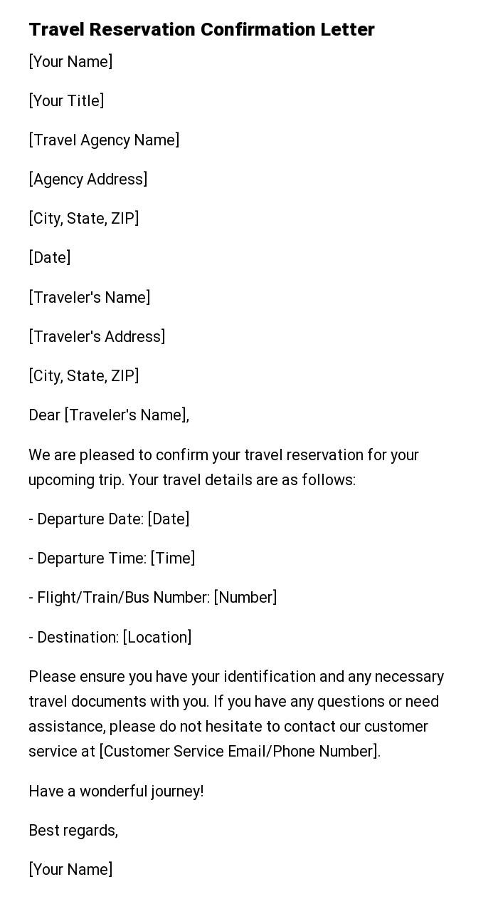 Travel Reservation Confirmation Letter