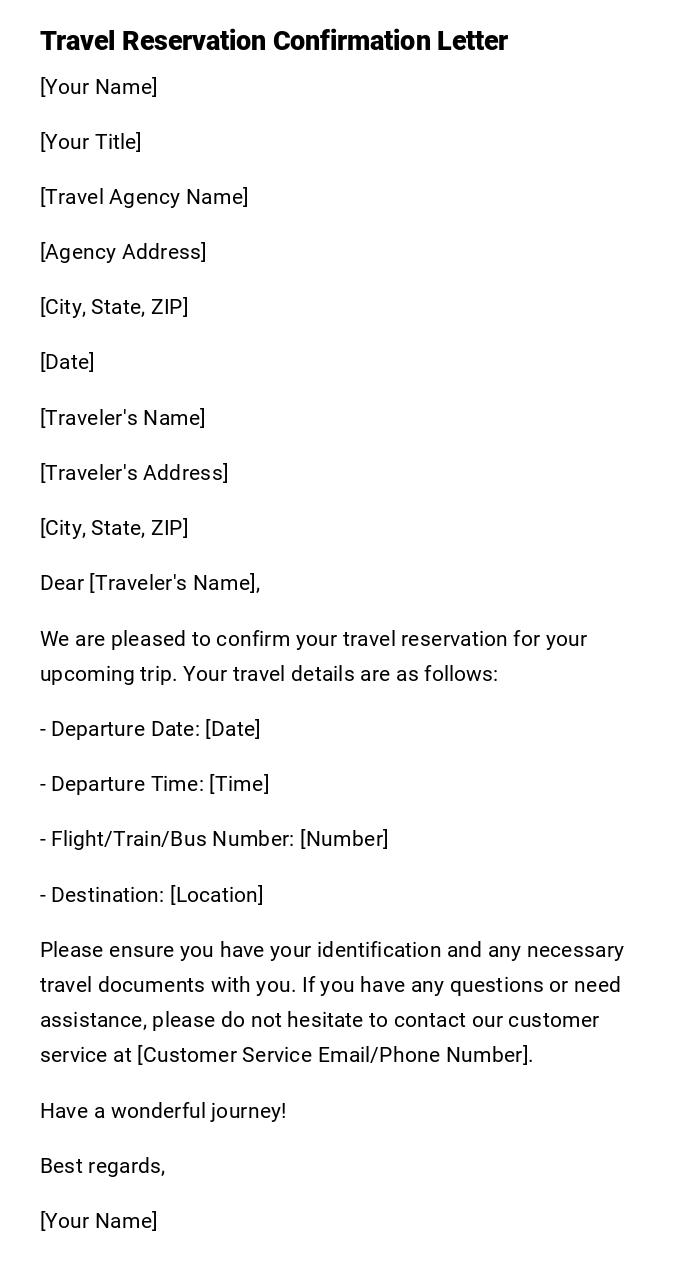 Travel Reservation Confirmation Letter