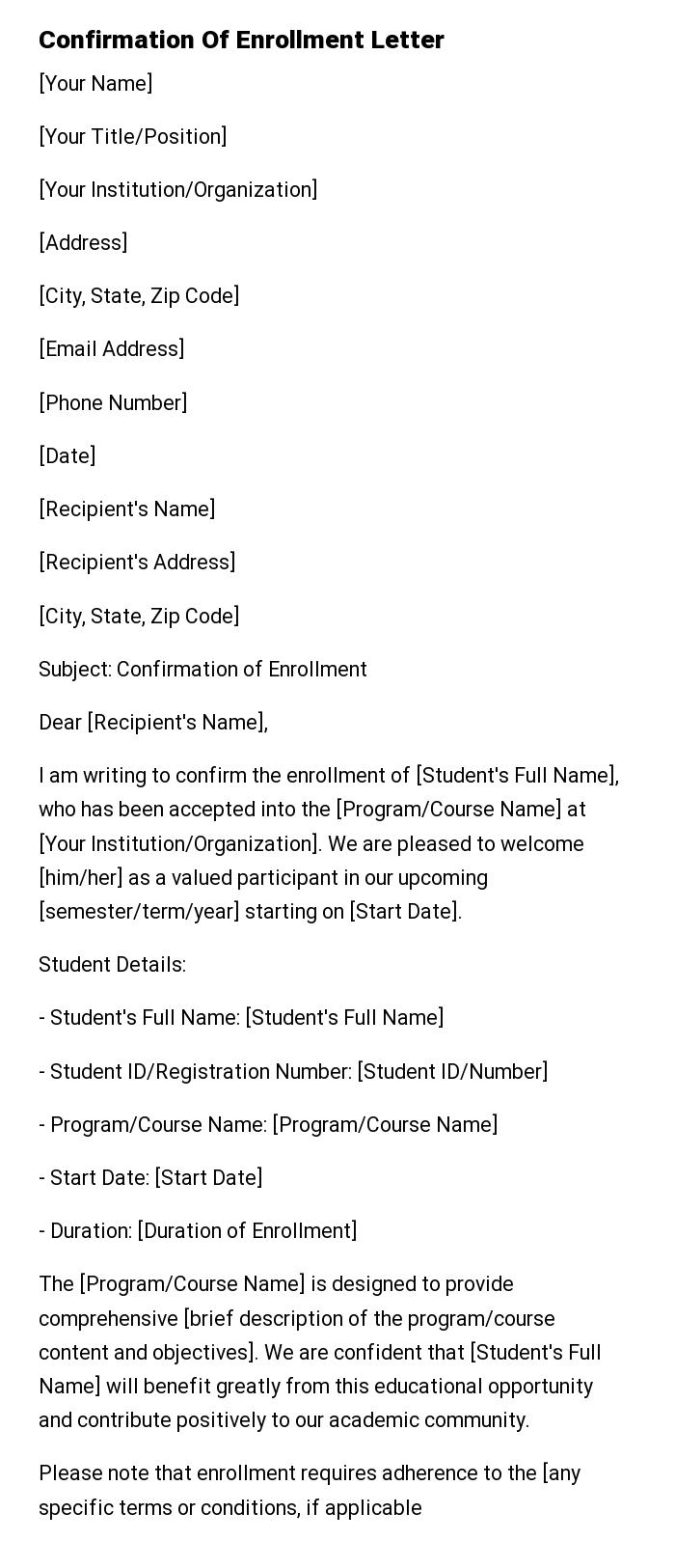 Confirmation Of Enrollment Letter