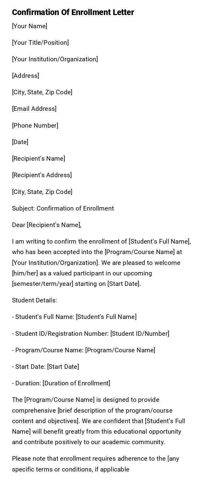 Confirmation Of Enrollment Letter