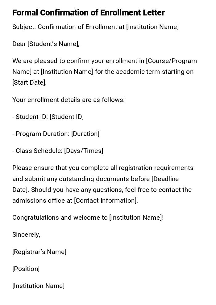 Formal Confirmation of Enrollment Letter Formal Confirmation of Enrollment Letter