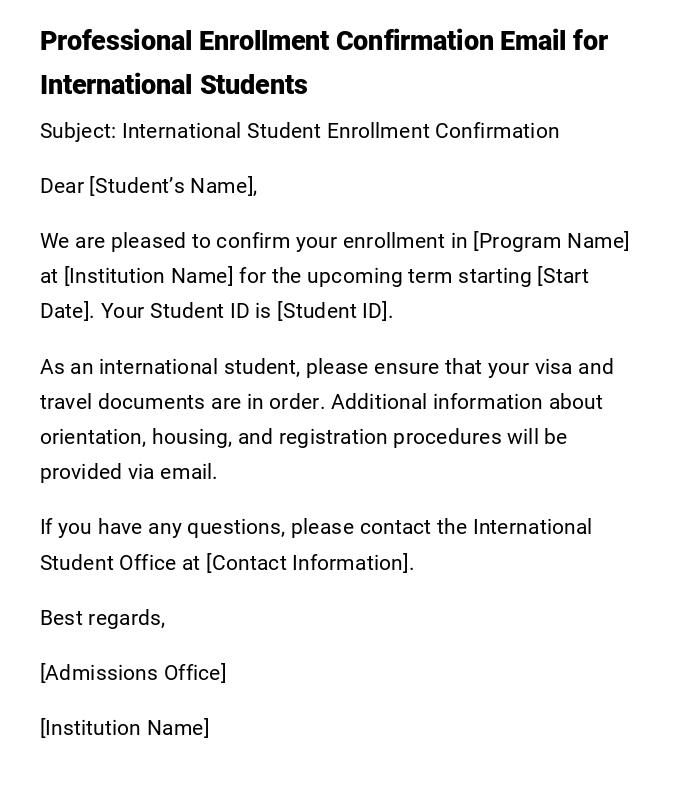 Professional Enrollment Confirmation Email for International Students Professional Enrollment Confirmation Email for International Students