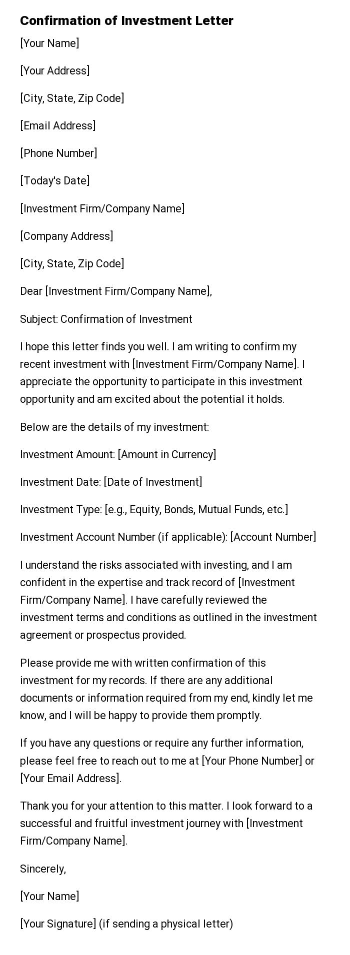 Confirmation of Investment Letter
