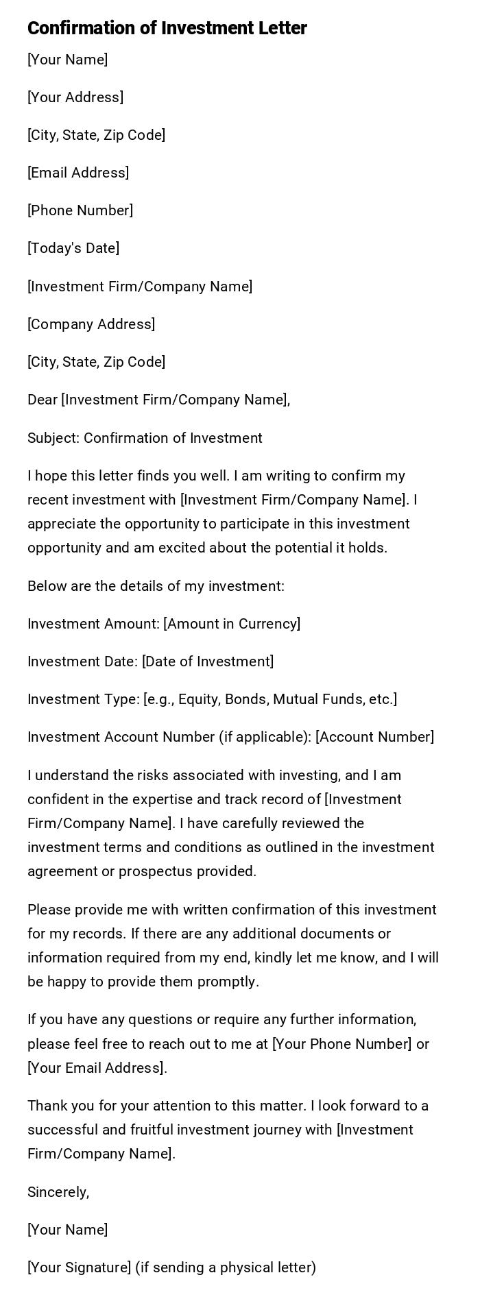 Confirmation of Investment Letter