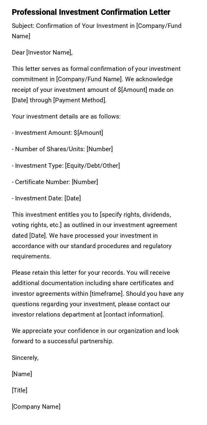Professional Investment Confirmation Letter Professional Investment Confirmation Letter