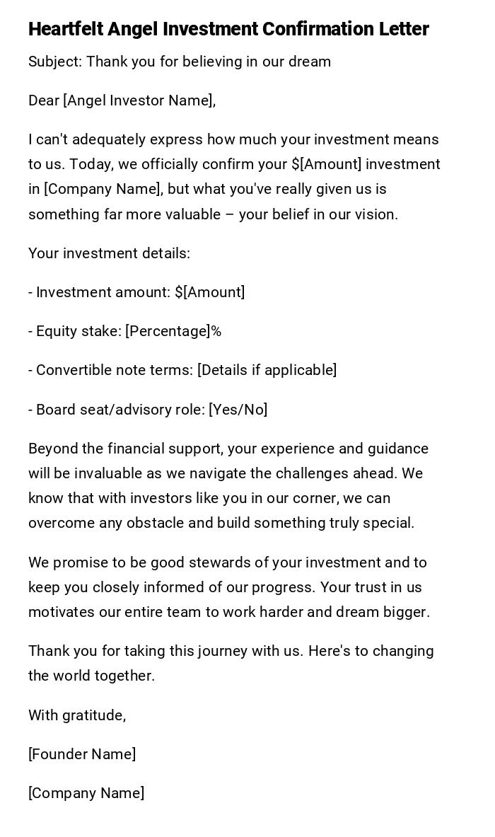 Heartfelt Angel Investment Confirmation Letter Heartfelt Angel Investment Confirmation Letter