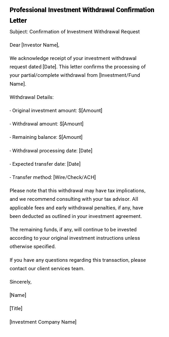 Professional Investment Withdrawal Confirmation Letter Professional Investment Withdrawal Confirmation Letter