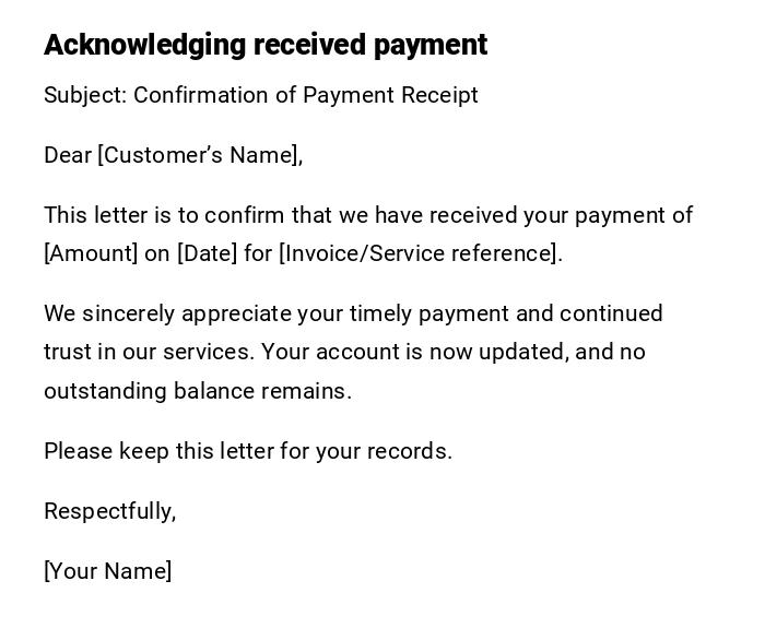 Acknowledging received payment Acknowledging received payment